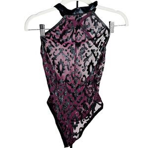 J. Valentina Purple lace Leather Trim Halter Bodysuit Size M/L